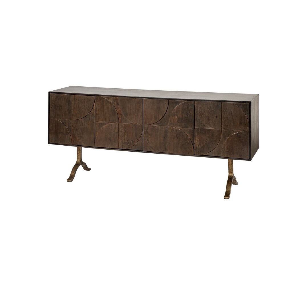 Xanti Brown Solid Wood Frame w/ Gold Metal Legs 4 Door Cabinet Sideboard   70.0L x 18.0W x 30.0H