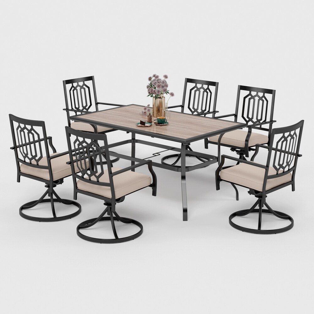 7 piece Patio Dining Set  1 Rectangle Wood like Table with Umbrella Hole and 6 Metal Swivel Chairs