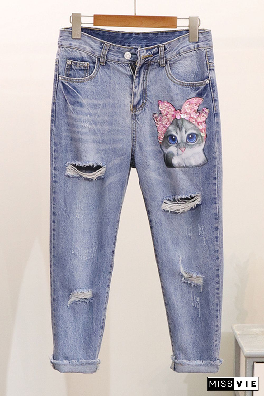 Floral Embroidery Ripped Jeans Wholesale