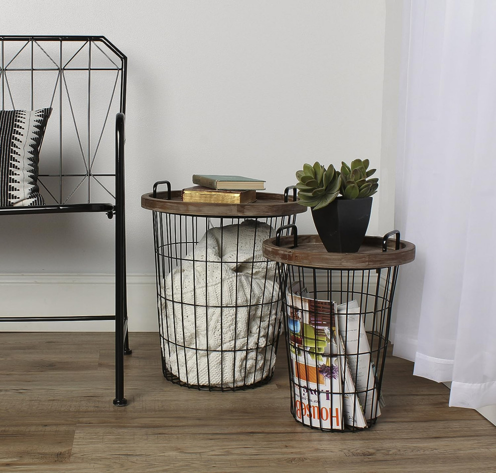 Set of 2 Nesting End Table  Mesh Storage Base  ampRemovable Tray Top  Rustic Brown   Industrial   Coffee Table Sets   by Decor Love  Houzz