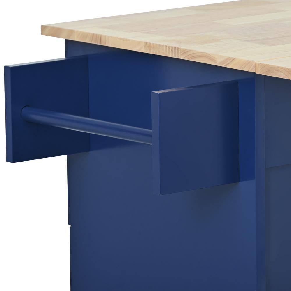 Aoibox Dark Blue Solid Wood Top 52.7 in. W Rolling Mobile Kitchen Island with Drop Leaf Locking Wheels and Storage Cabinet SNSA11IN015