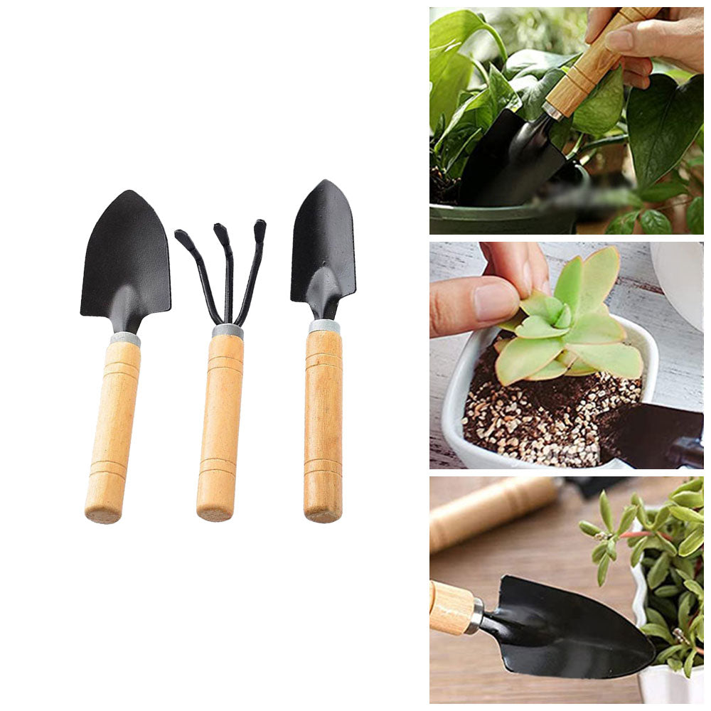 Giugt Garden Tool Sets, 3Pcs Wooden Handle Mini Shovel Hand Planting Garden Small Rake Spade Tool