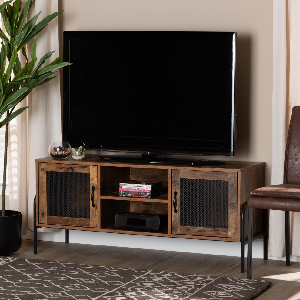 Odile Industrial Walnut Brown Wood and Black Metal   Industrial   Entertainment Centers And Tv Stands   by Baxton Studio  Houzz