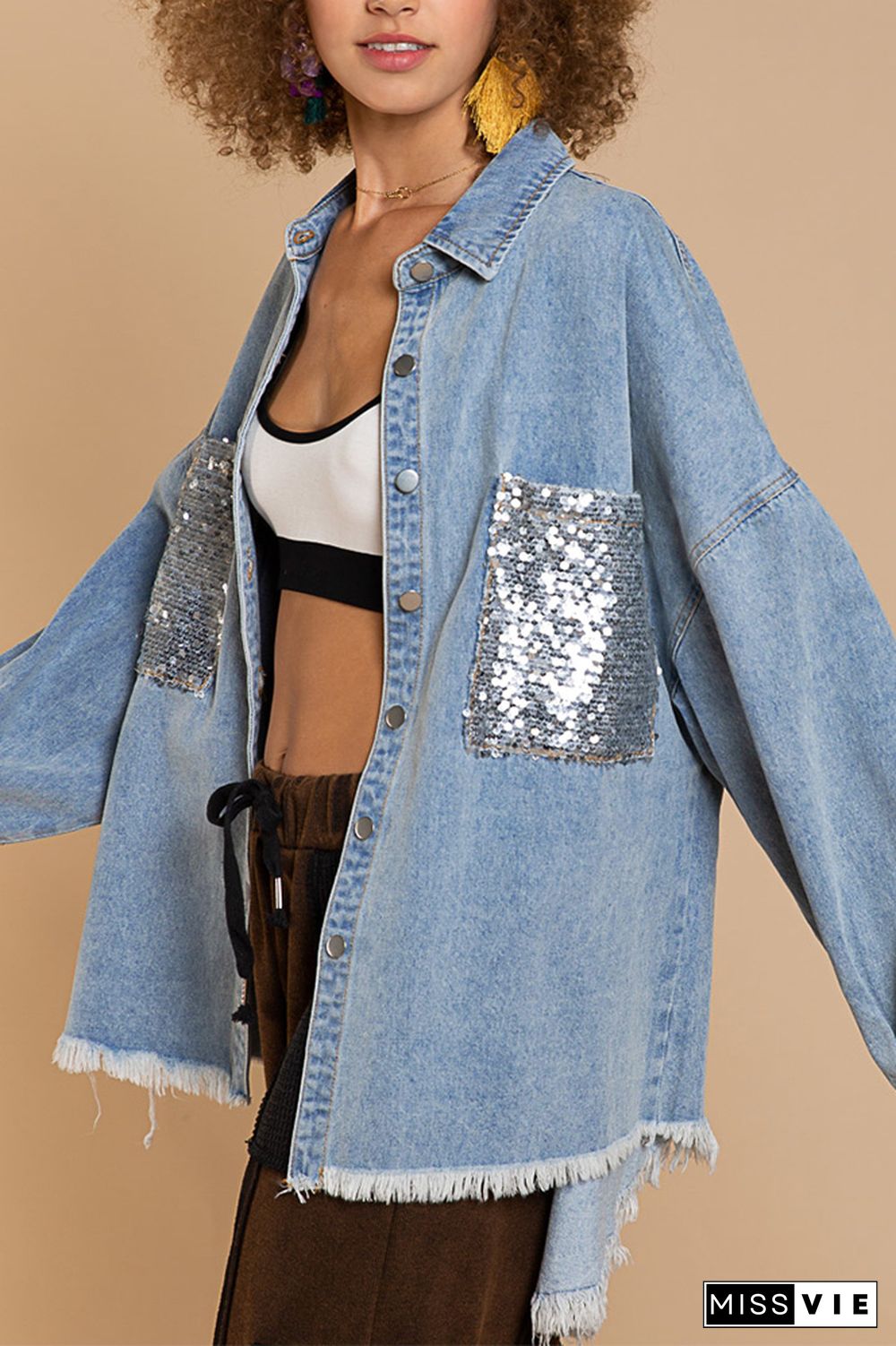 Sequin Pockets Open Button Denim Jackets