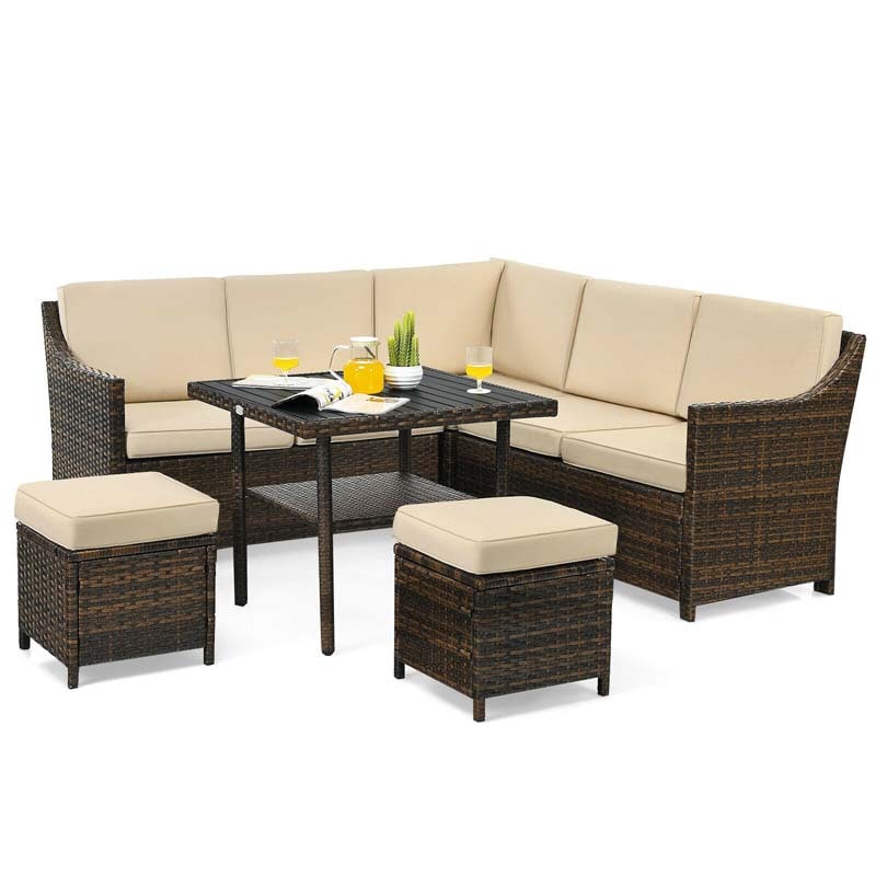 6 Pcs Rattan Patio Dining Furniture Sectional Corner Sofa Set with Dining Table & 2 Ottomans