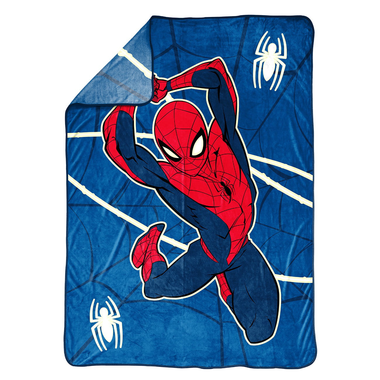 Spider-Man Swing Into Action Glow In The Dark Kids Twin Blanket， 62 x 90， Microfiber， Blue， Marvel