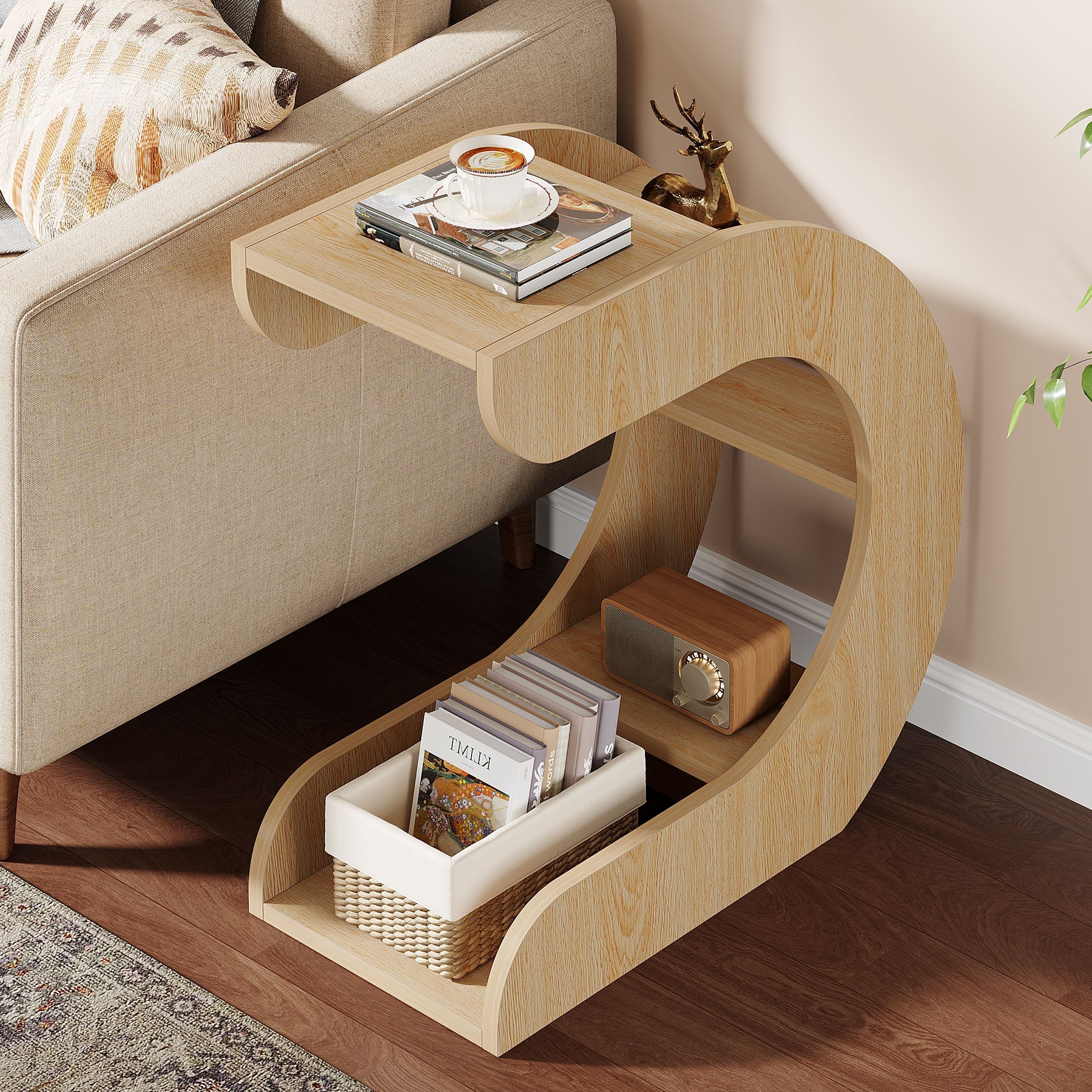 C-Shaped End Table, 4-Tier Side Tables with Storage Shelves