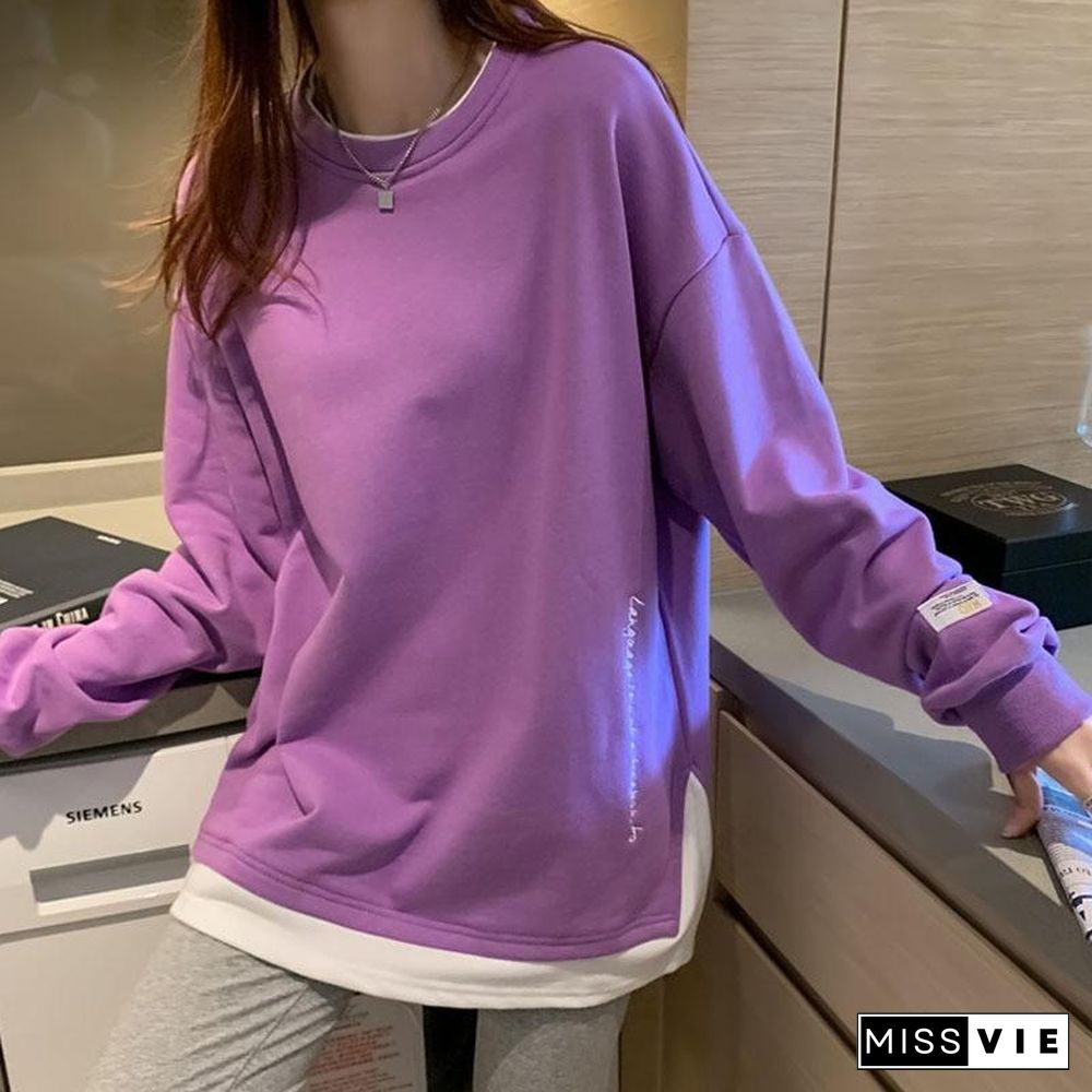 Korean Style O Neck Long Sleeve Women Sweatshirts Casual Solid Color Oversized Hoodies Female Clothing Letter Harajuku Pullover