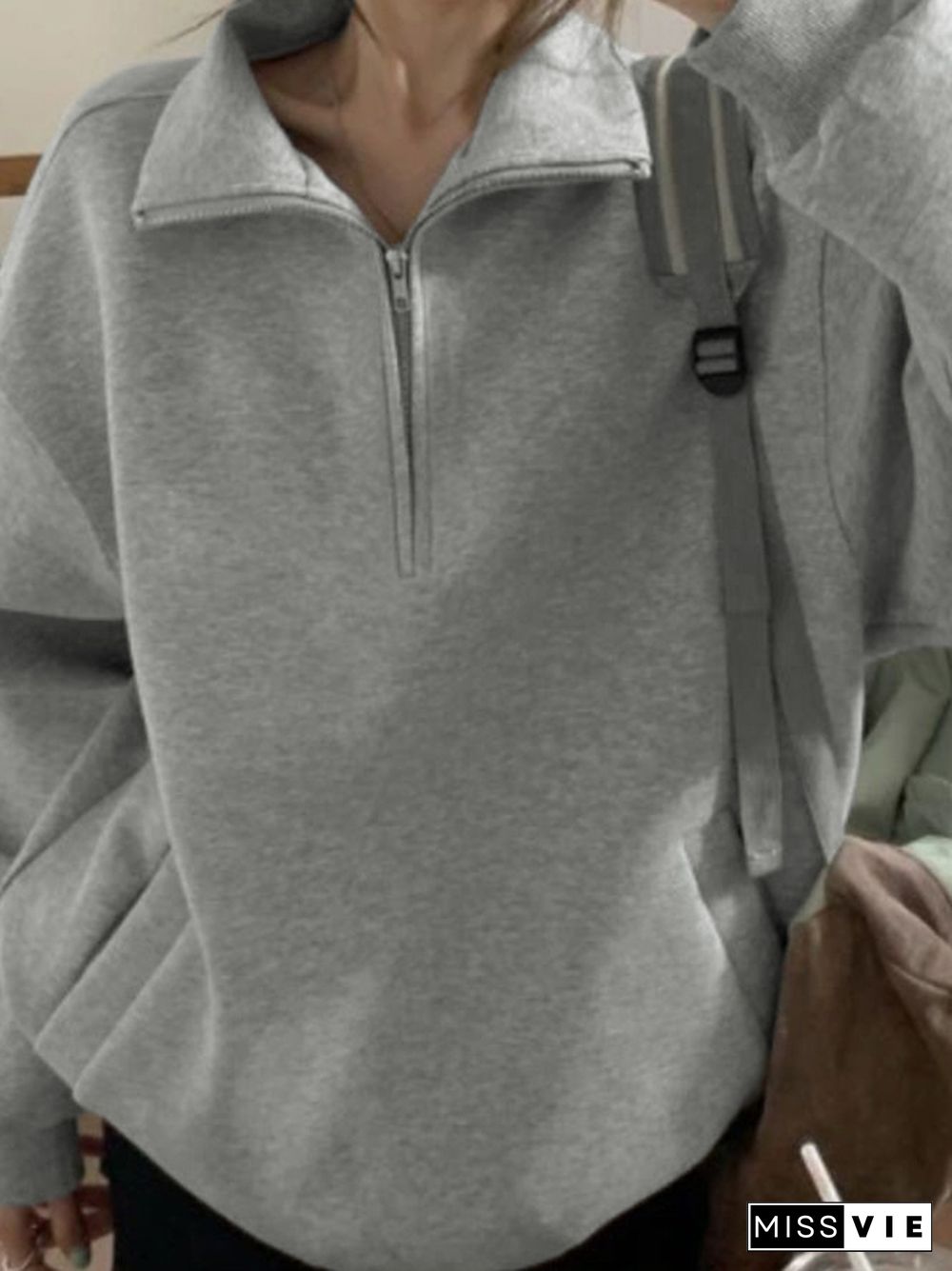 Solid Half Zip Collar Neck Sweatshirt