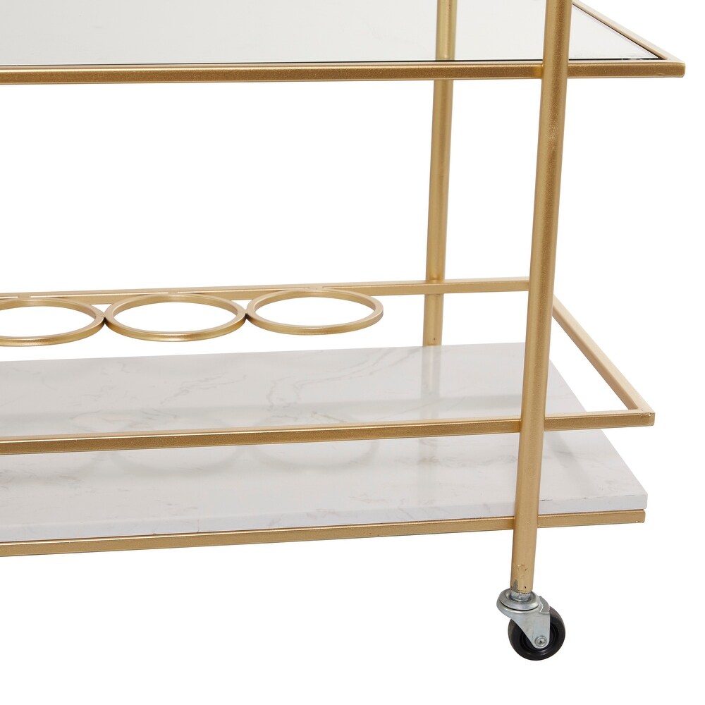 Gold Marble Rolling 1 Glass and 2 Marble Shelves Bar Cart with Handles   13.2 x 26.5 x 32.5