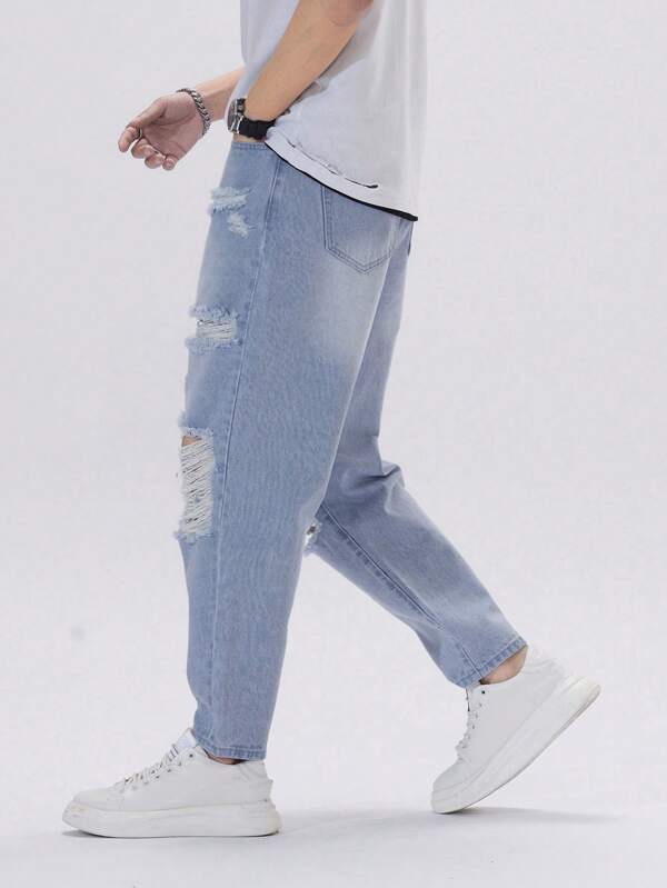 Men Ripped Frayed Tapered Jeans