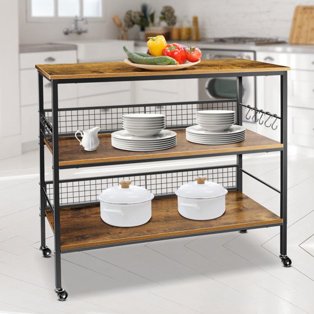 Cheflaud Rolling Kitchen Storage Cart Island with large open shelves and Large Worktop, 3-Tier Kitchen Baker’s Rack with 10 Hooks, Stable Steel