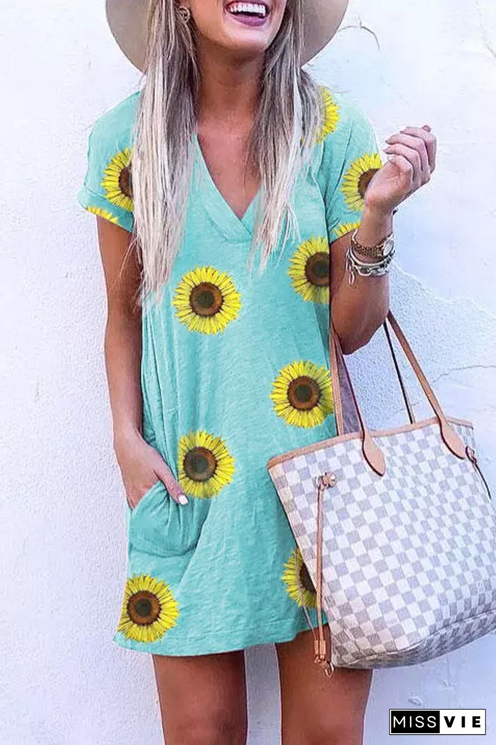 Short Sleeve V Neck Sunflower Print Mini Dress with Pocket