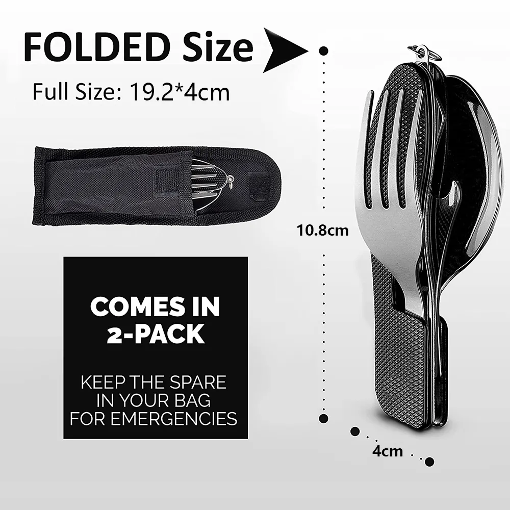 4 in 1 Foldable Stainless Steel Fork Spoon Knife and Bottle Opener Combination Kits Camping Utensil Cutlery Set