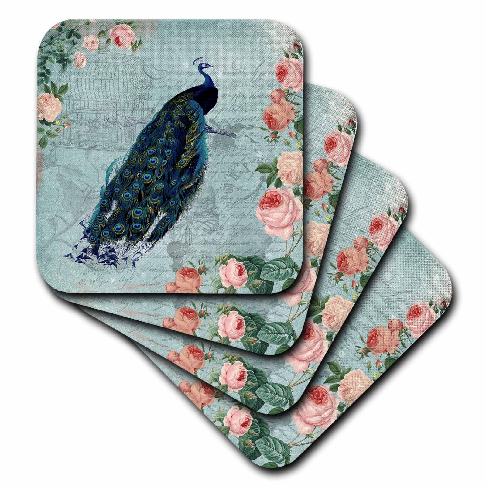 3dRose Victorian Illustration-Pink Roses and Peacock On Vintage Pastel Paper - Soft Coasters， set of 4