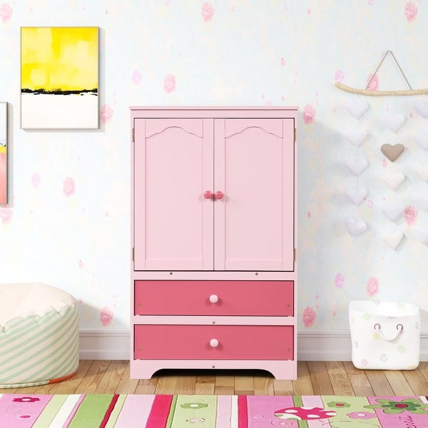 Cute Children's Wardrobe Side Cabinet 2 Doors with 1 Clothes Rail， 1 Shelf， 2 Drawers， Anti-Falling Hardware - - 36073581