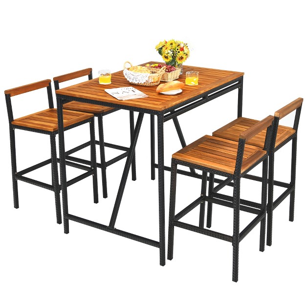 Costway 5pcs Patio Rattan Bar Table Stool Set Acacia Wood Top W umbrella Hole