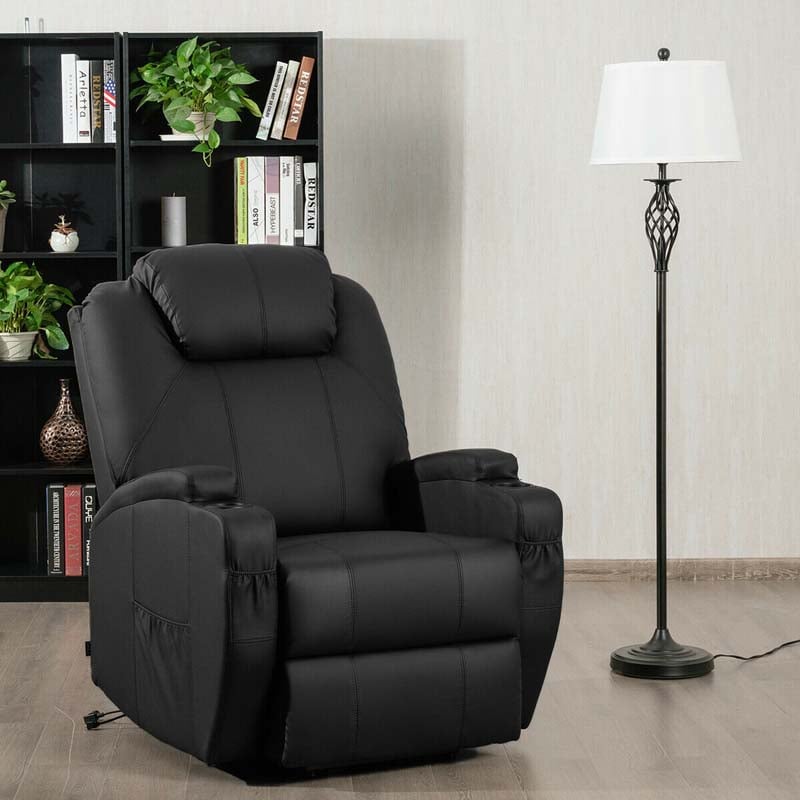 Heated Power Lift Recliner, Elderly Lift Chair, Leather Massage Recliner Sofa with 8 Vibrating Massage Nodes, 3 Side Pockets, 2 Cup Holders