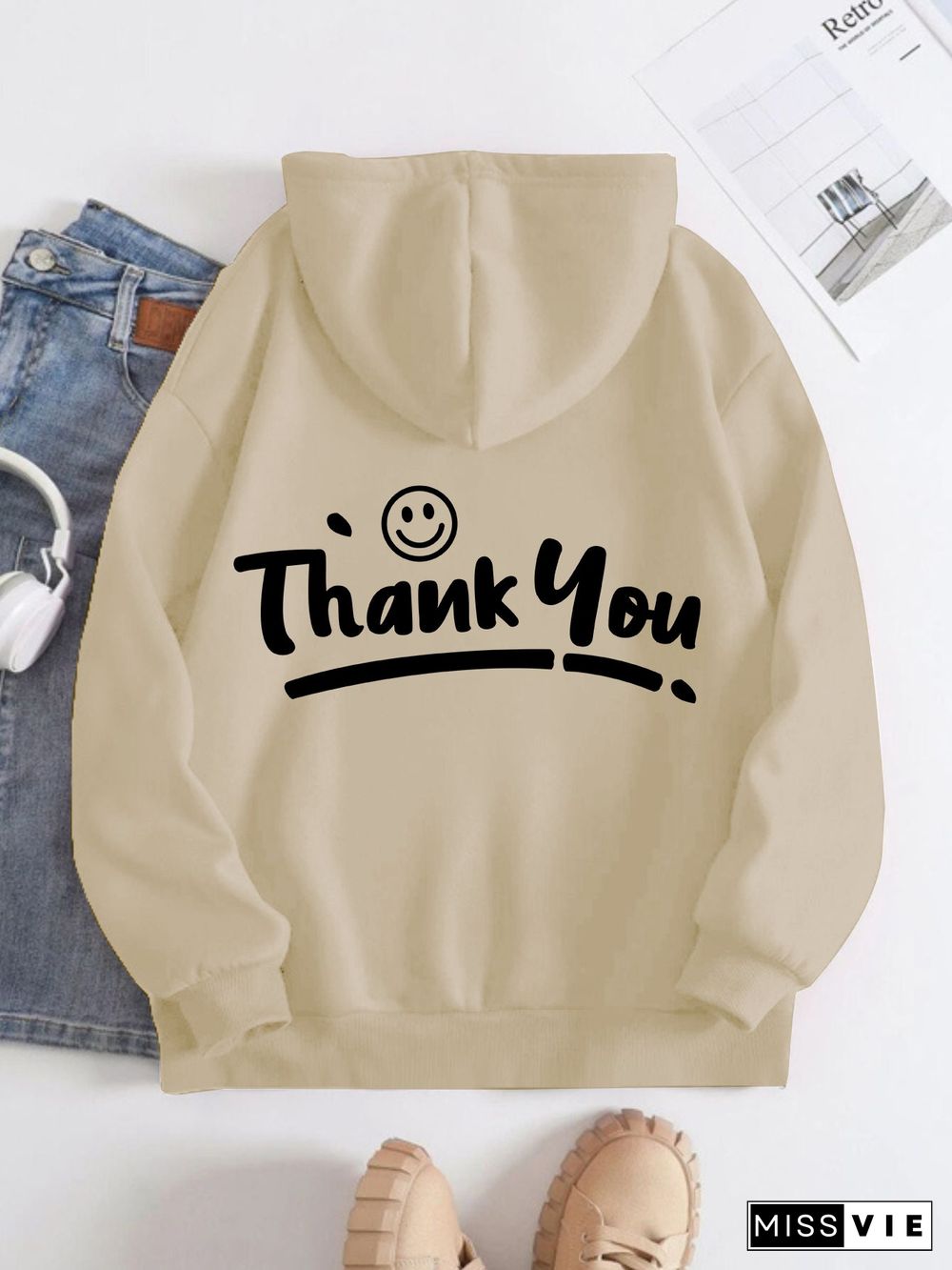 Printed on the Back Kangaroo Pocket Hoodie Long Sleeve for Women Pattern Thank You