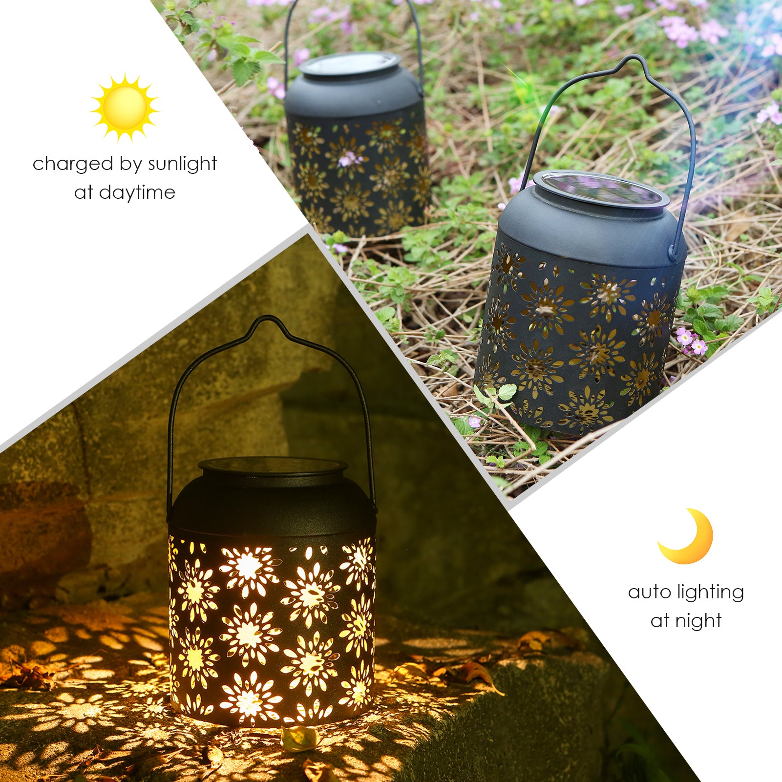 Tomshine 2Pack Solar Lantern Outdoor Hanging Light Retro Metal Decorative Light Hollowed Out Flower Pattern Garden Landscape Light