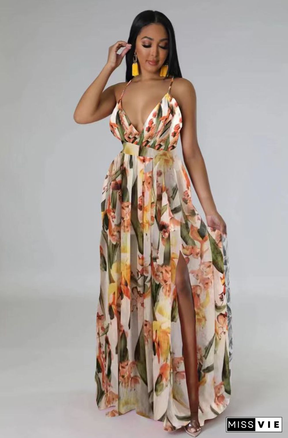 Sexy Floral Print Spaghetti Strap Backless Maxi Dress