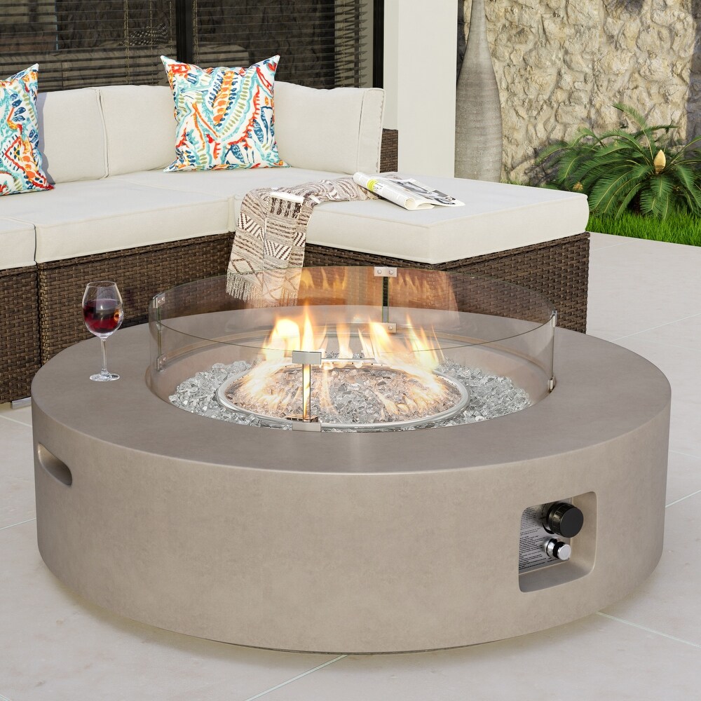 COSIEST Outdoor Round Propane Fire Pit w Wind Guard and Fire Glass