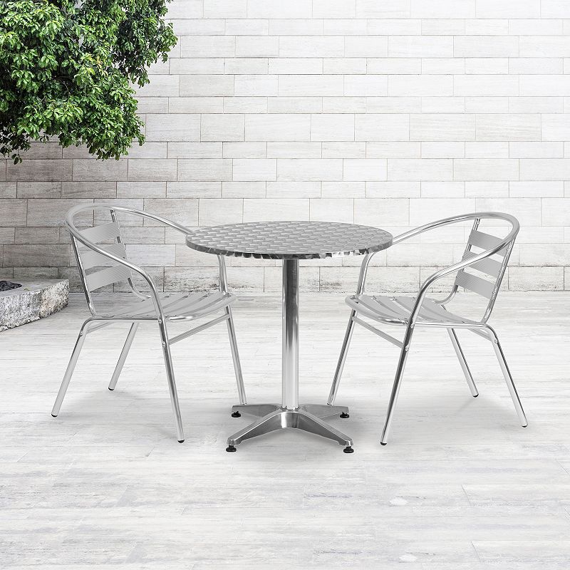 Emma and Oliver 27.5 Round Aluminum Table Set with 2 Slat Back Chairs