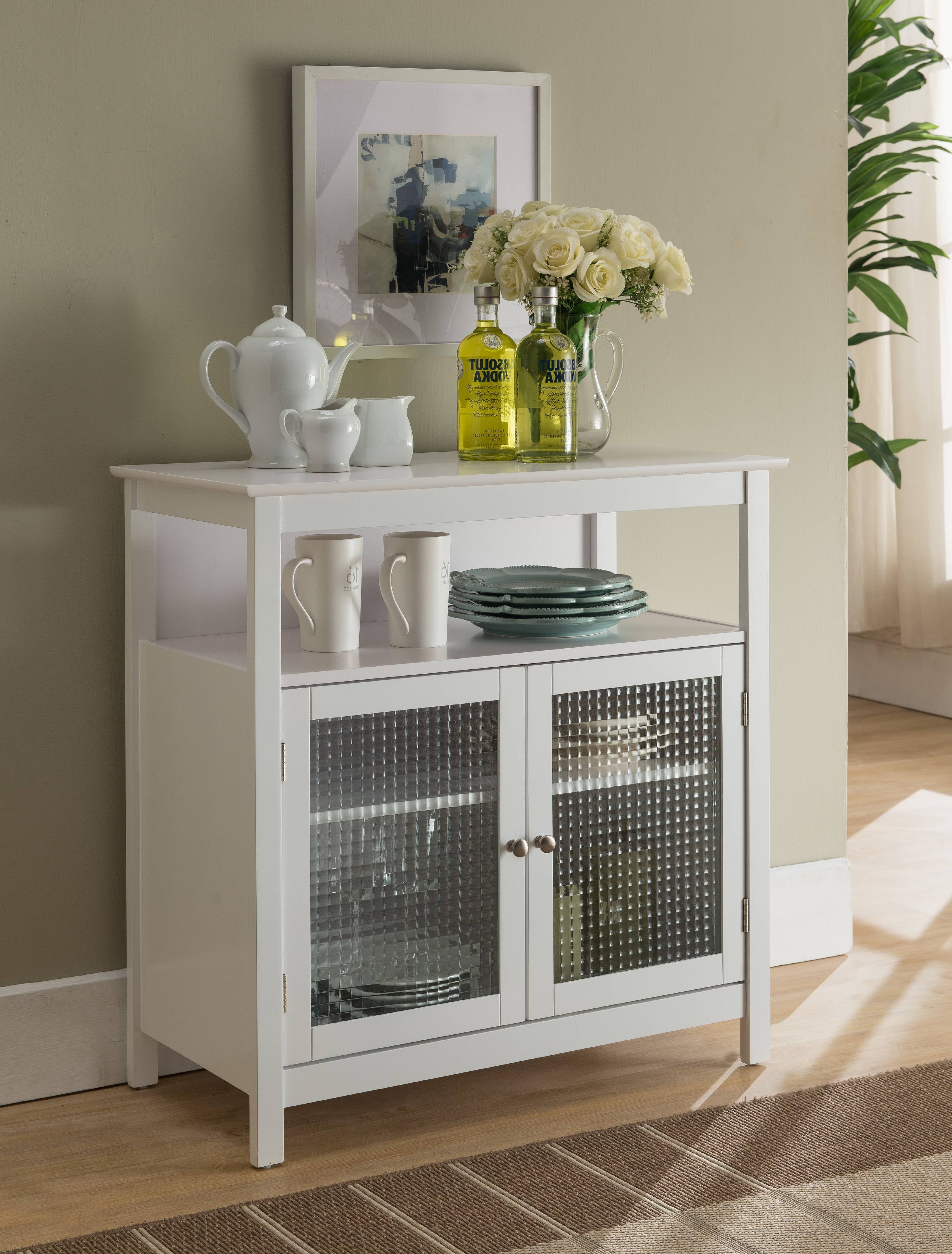 White Wood Kitchen Storage Display Buffet Cabinet With Shelf and Glass Doors