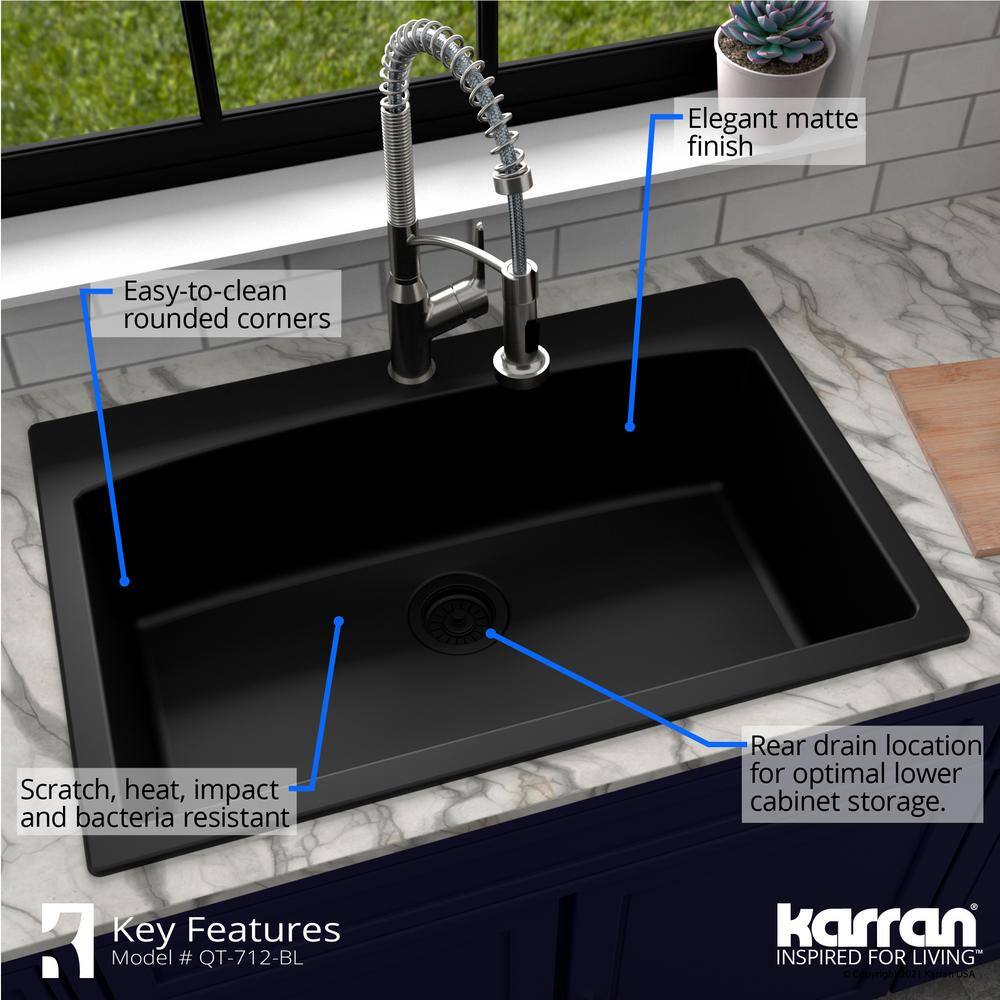 Karran Drop-In Quartz Composite 33 in. 1-Hole Single Bowl Kitchen Sink in Black QT-712-BL