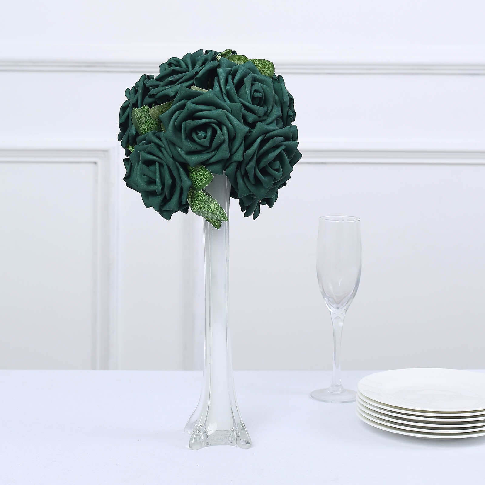 24 Roses Hunter Emerald Green Artificial Foam Flowers With Stem Wire and Leaves 5