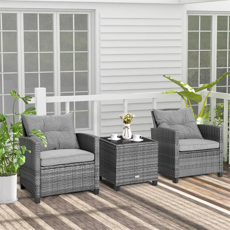 3 Pieces Patio Rattan Furniture Set Outdoor Wicker Conversation Set with Washable Cushion and Coffee Table