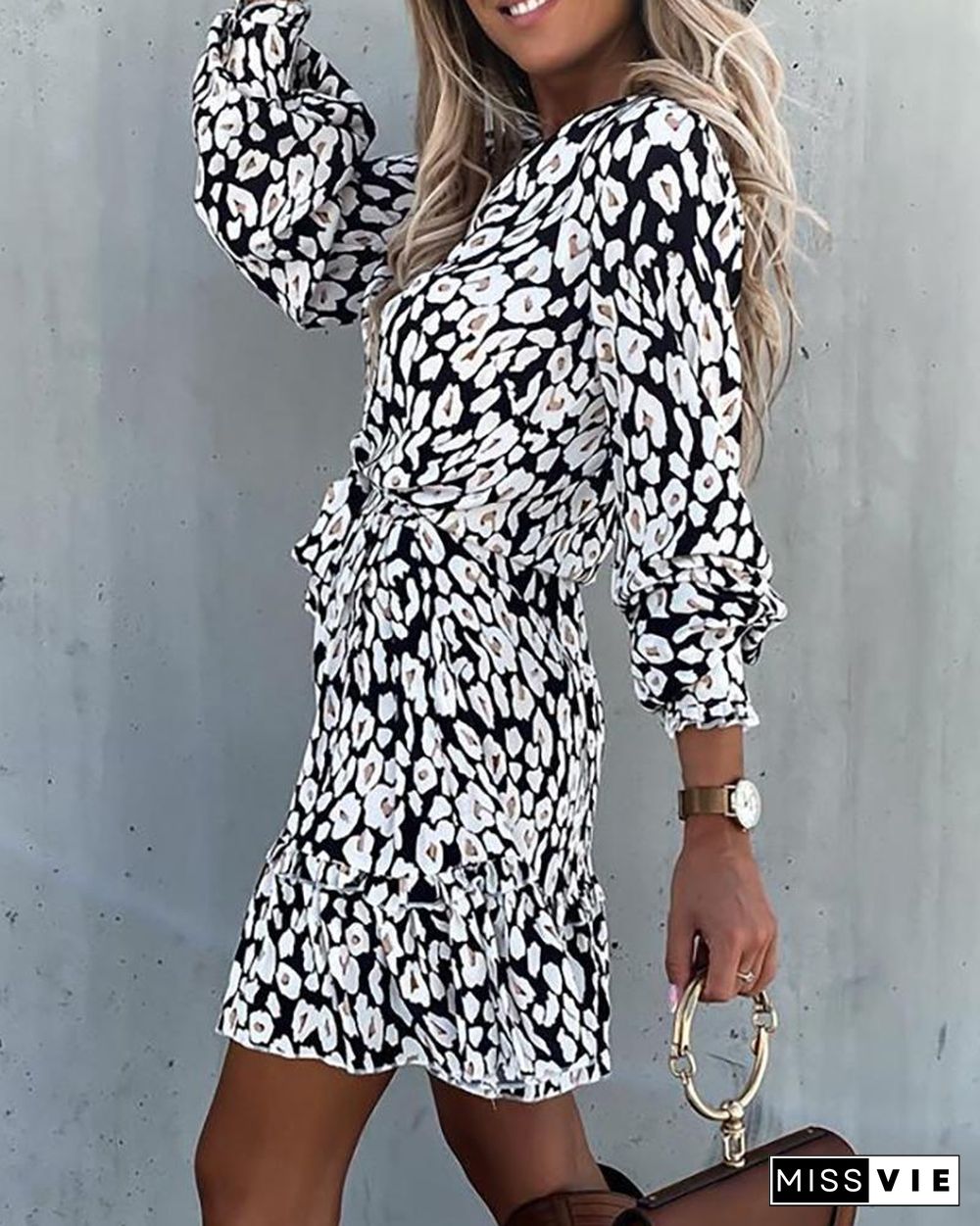 All Over Print Long Sleeve Ruffles Dress P10039