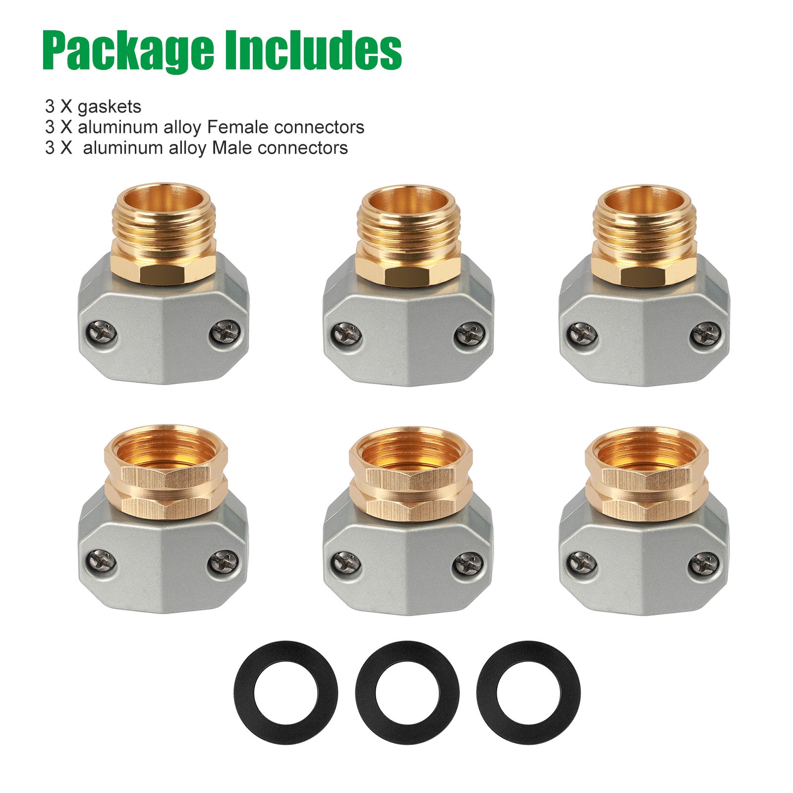 TSV 3 Sets Garden Hose Repair Connector Fittings， Aluminum Mender Male and Female Hose End Connectors with Zinc Clamp， Fit for 3/4