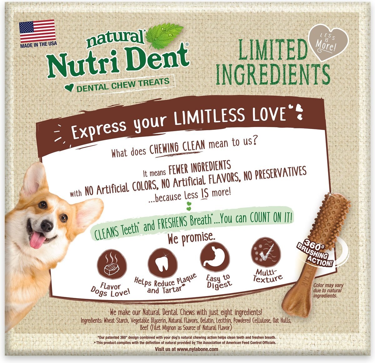 Nylabone Nutri Dent Mini Limited Ingredients Filet Mignon Natural Dental Dog Treats