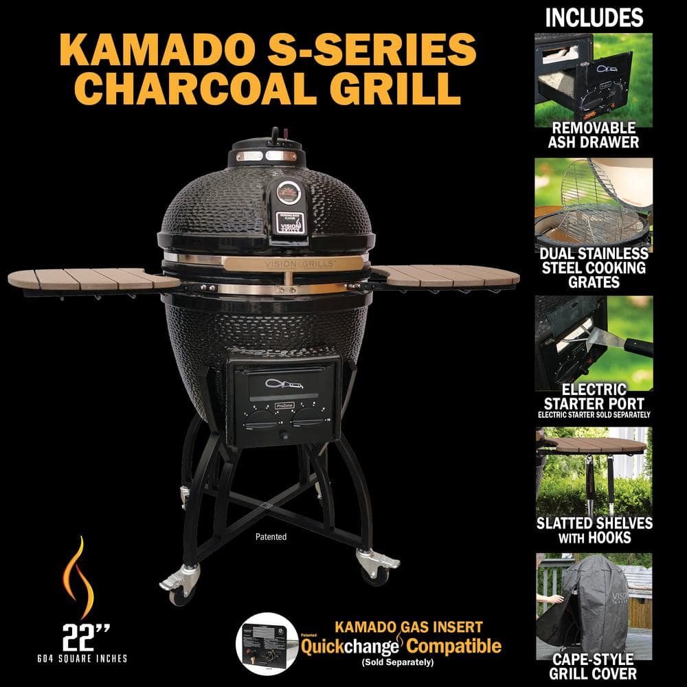 Vision Grills 22 in. Kamado S-Series Ceramic Charcoal Grill in Black with Cover, Cart, Side Shelves, Two Cooking Grates and Ash Drawer S-4C1D1