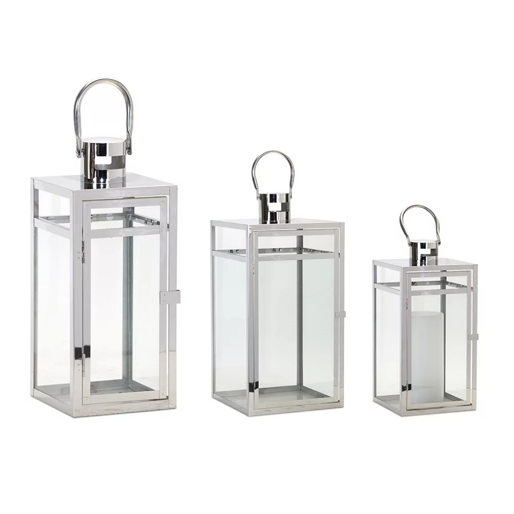 Set of 3 Silver and Clear Glass Stainless Steel Candle Lantern 20.50