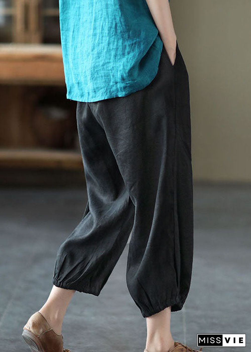 Classy Black Pockets Patchwork Linen Harem Pants Summer