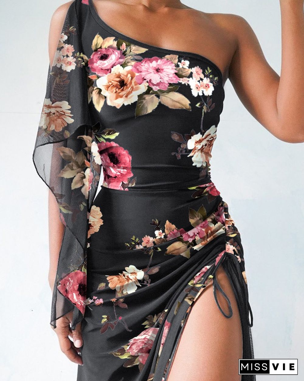 One Shoulder Asymmetrial Ethereal Pleated Slit Floral Print Dress