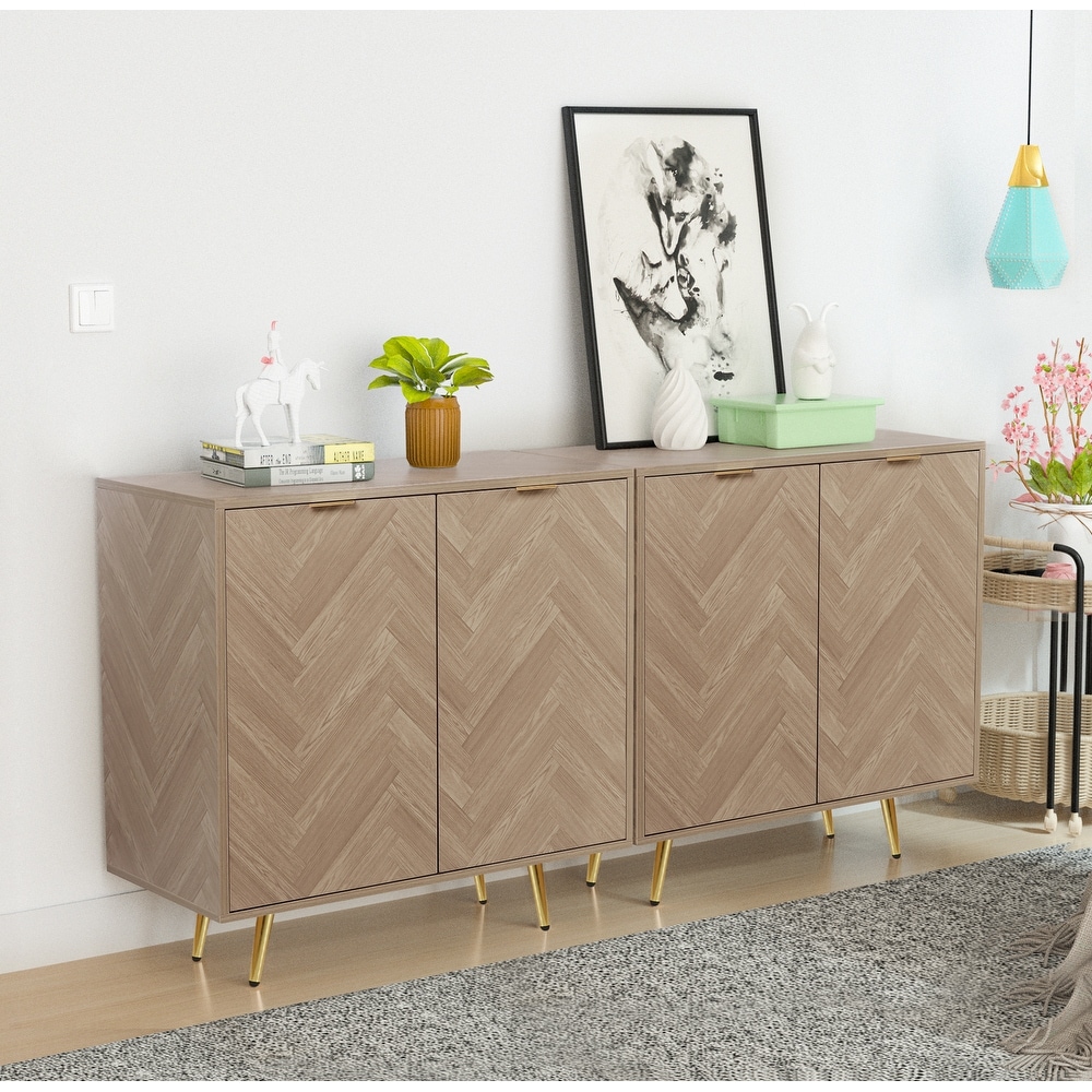 Anmytek Natural Oak Accent Storage Cabinet with 2 Doors Modern Herringbone Sideboard Buffet Cabinet