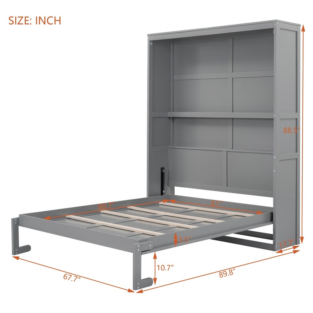 Apartment Murphy Bed Queen Size Cabinet Wall Bed with Shelves Dual Piston Metal Folding Mechanism Designed Murphy Bed  Grey