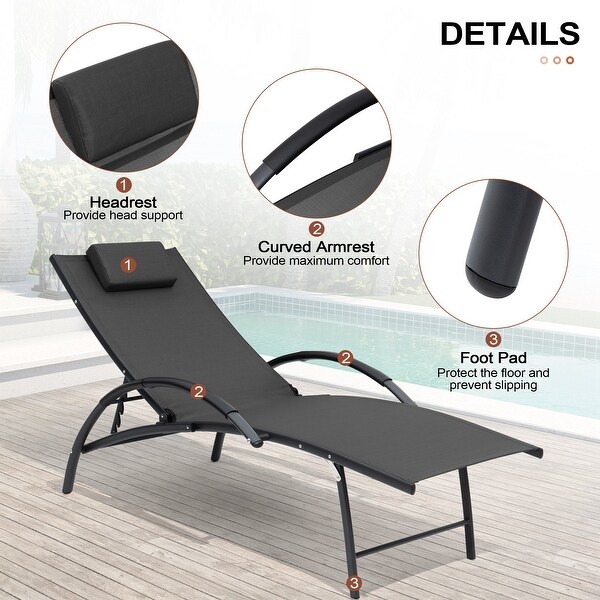 Crestlive Outdoor Adjustable Reclining Chaise Lounge Chair with Arms and Headrest，Aluminum or Steel Frame Options