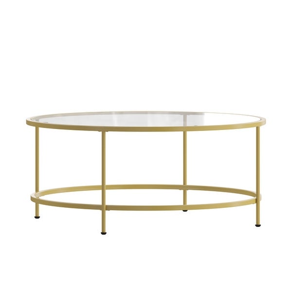 Glass Living Room Coffee Table with Round Metal Frame