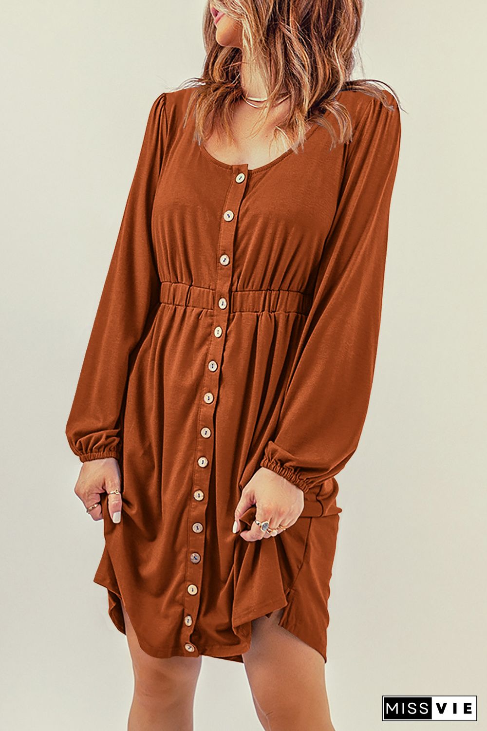 Brown Button Up High Waist Long Sleeve Dress