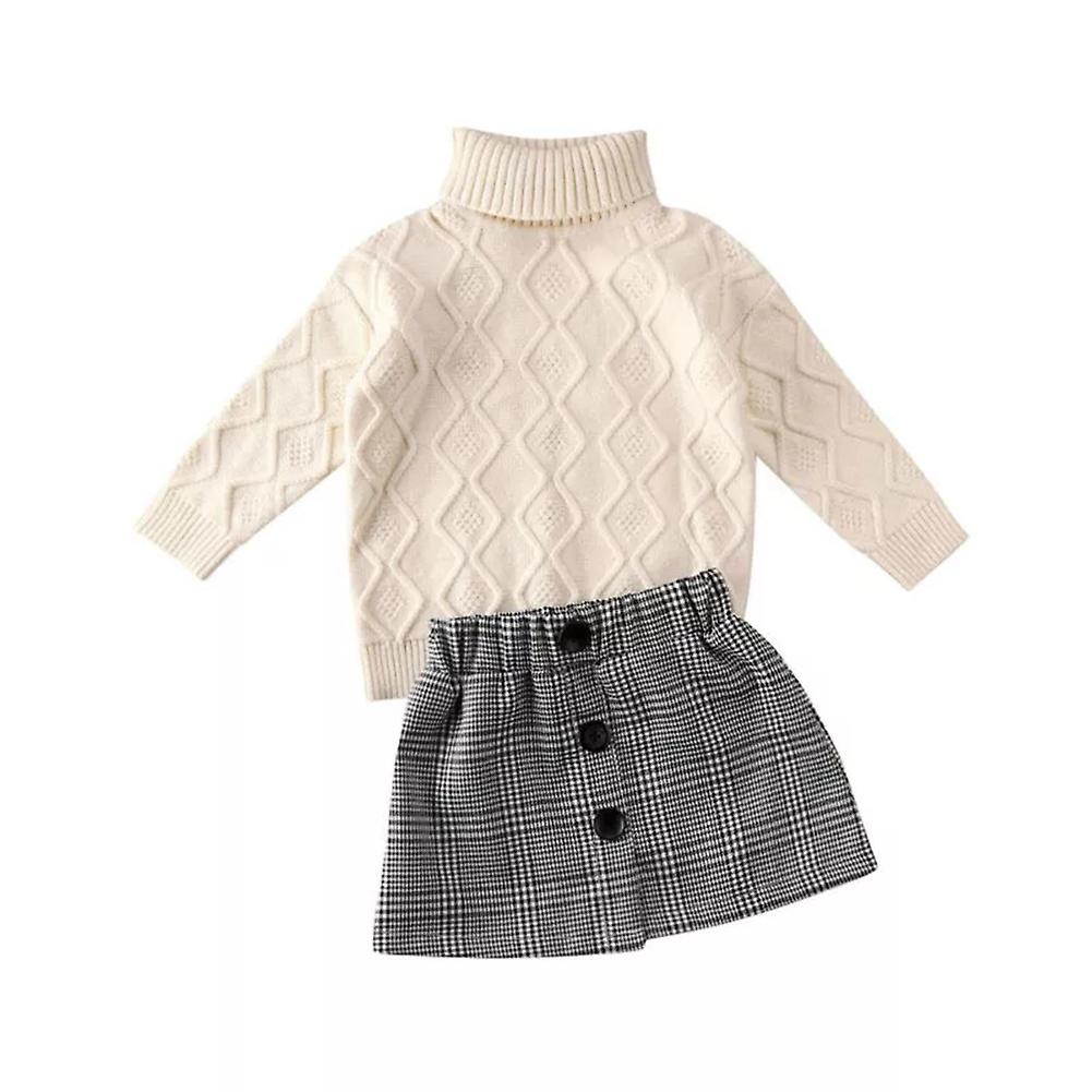 Baby Kids Winter Clothes 2 Pieces Set Turtleneck Knitted Sweater Tops Plaid Skirt Suit White 90cm