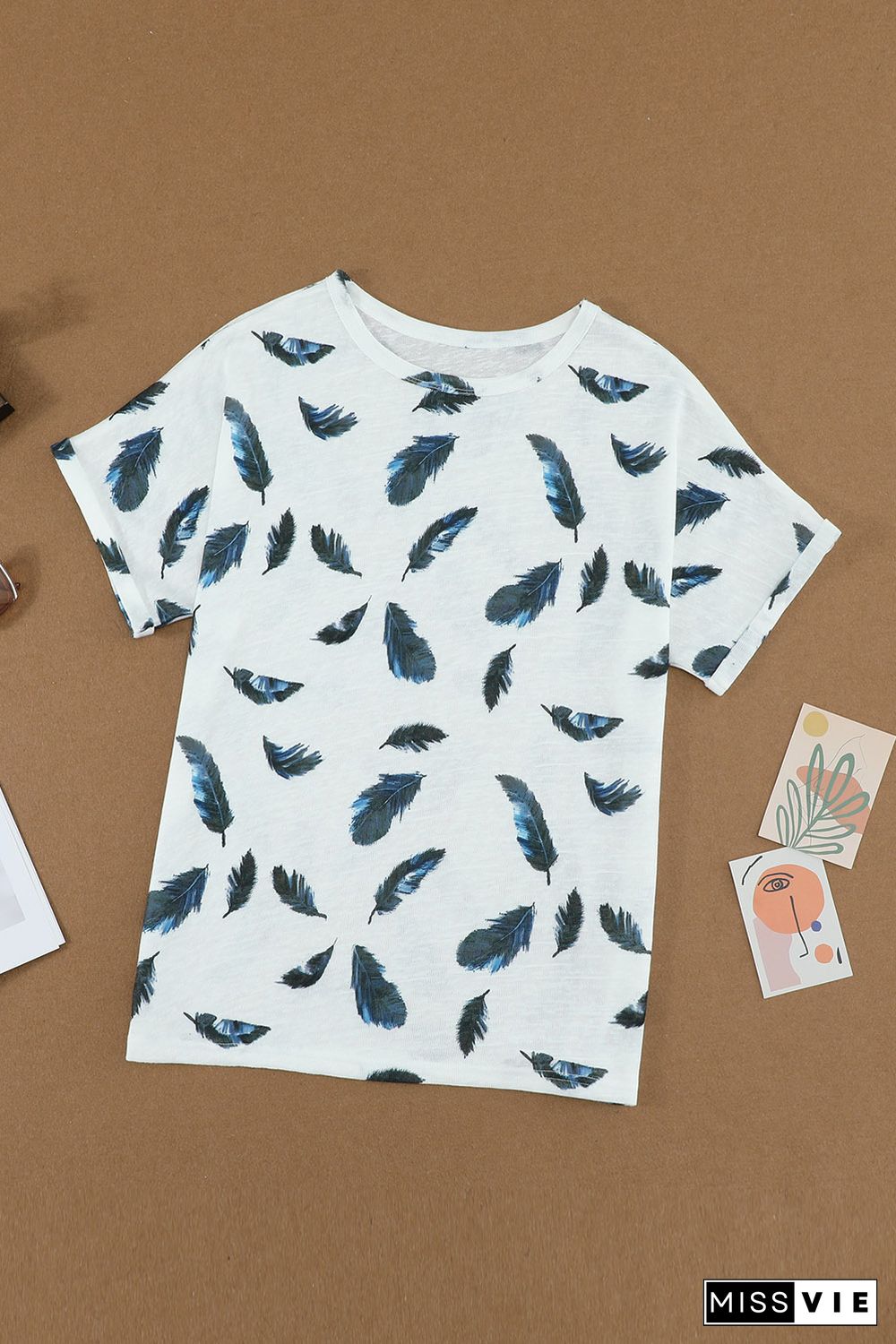 White Feather Print Short Sleeve Tee