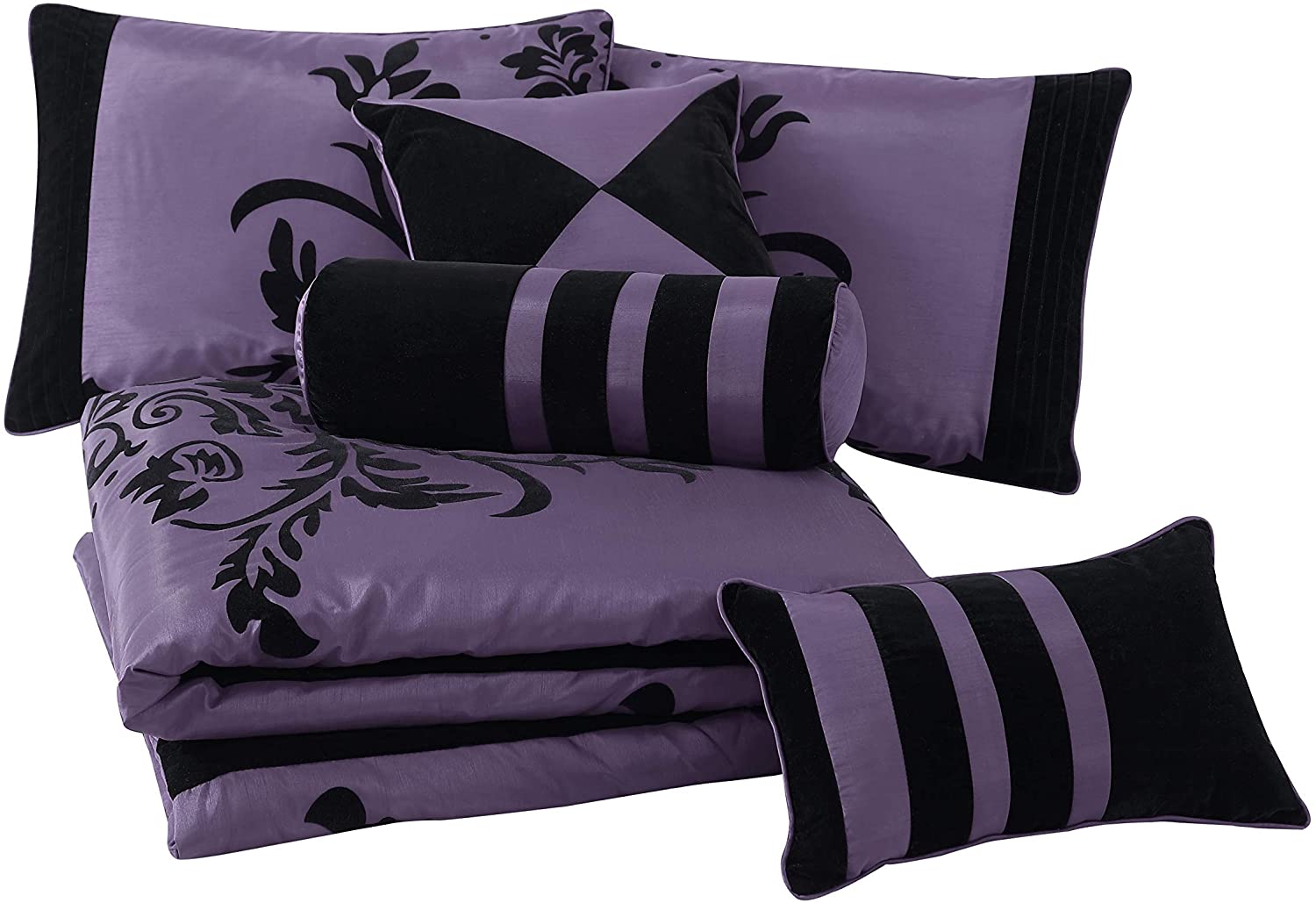 Chezmoi Collection Contemporary 7-Piece Luxury Flocked Floral Fabric Comforter Set， Full， Violet