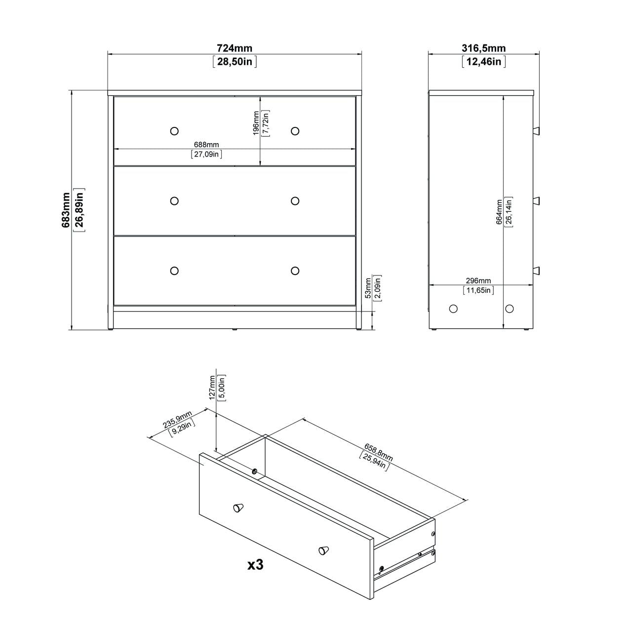 Studio 3 Drawer Dresser, White