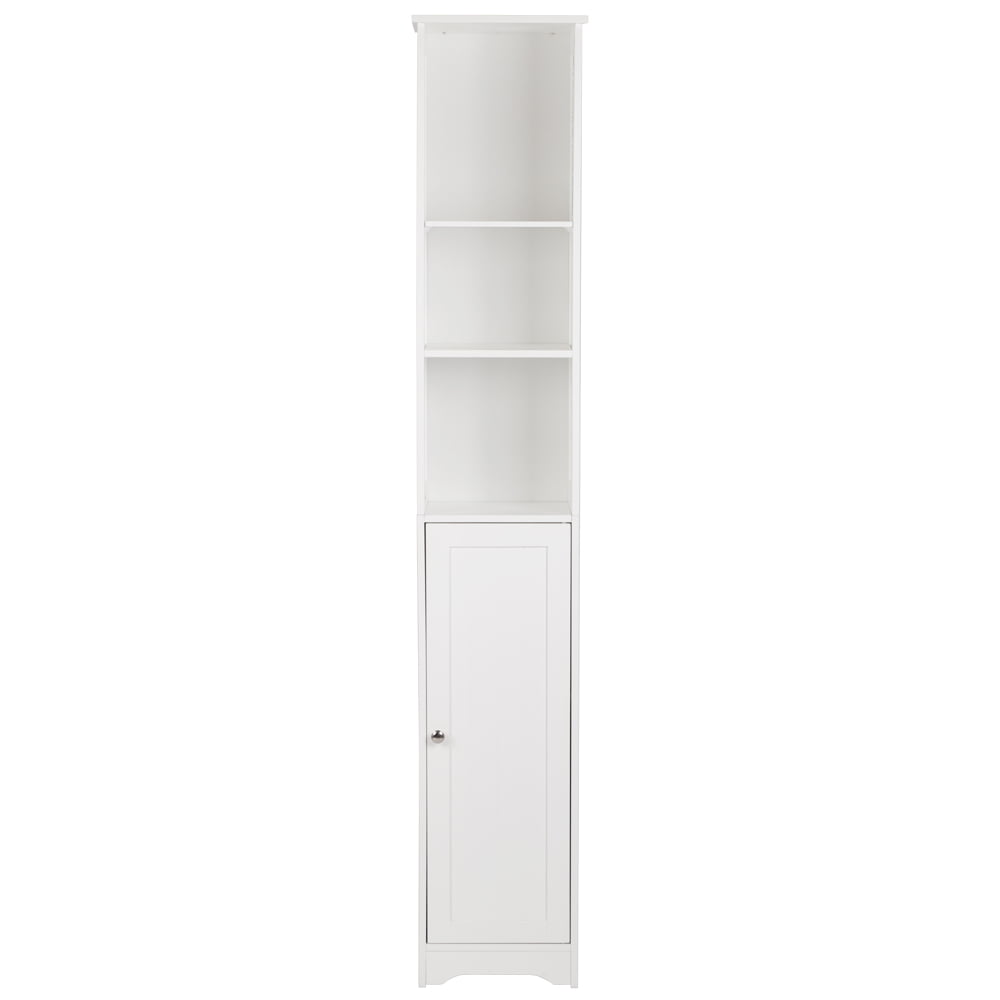 VINGLI 67" Tall Narrow Cabinet Free Standing Bathroom Storage Tower Cabinet White Slim Pantry Cabinet with 3 Open Shelves and 1 Door Adjustable Shelf Corner Linen Organizer