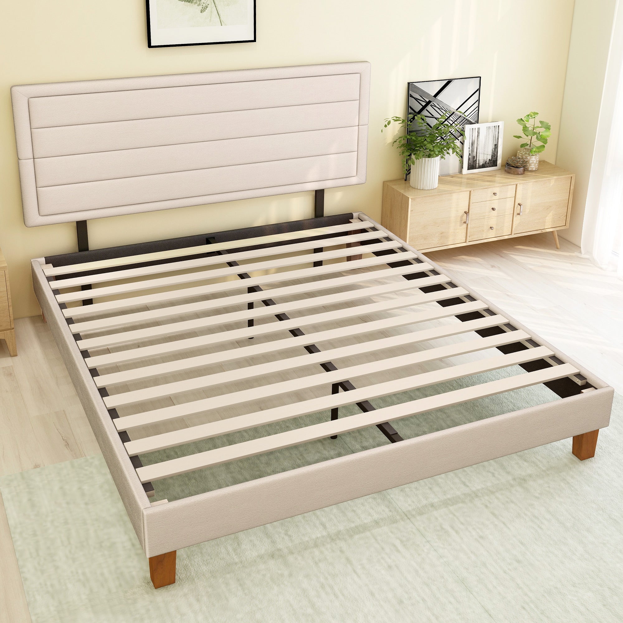 King Size Upholstered Platform Bed Frame, Wooden Platform Bed No Box Spring Needed, Noise-Free Bed Foundation, Beige