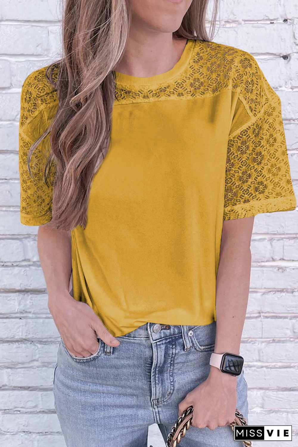 Yellow Plain Lace Stitching Short Sleeve Tee